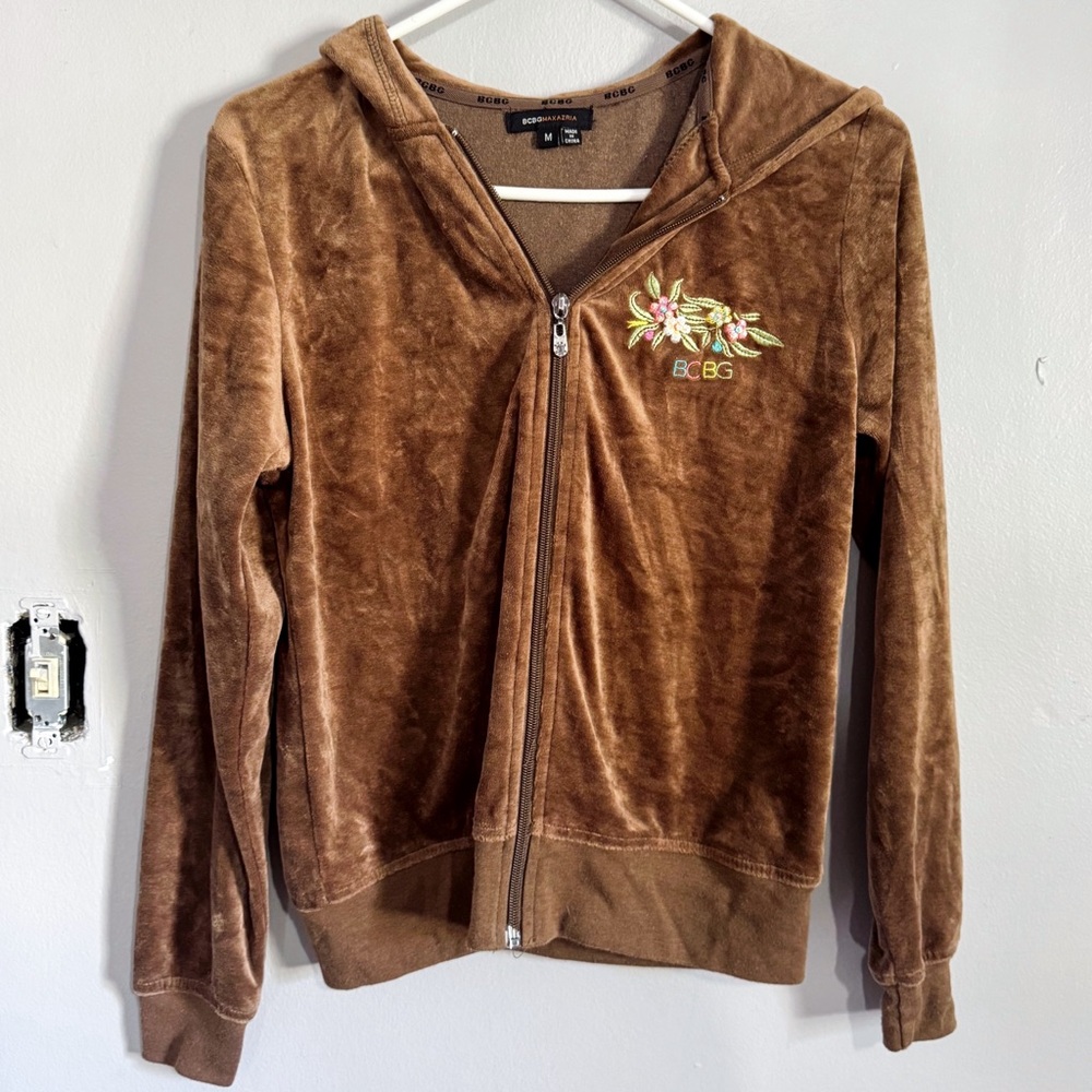 BCBG Brown Embellished Velour Zip Up Hoodie Size Medium